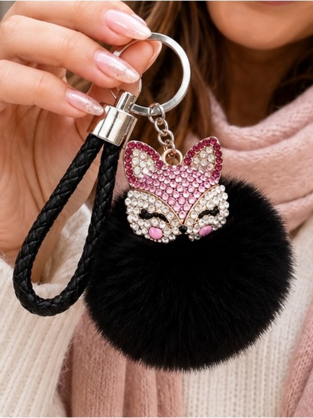 🌸 Pink Fox with Black Pom Pom keychain Bagcharm